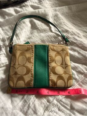 Coach Signature Canvas Wristlet with Green Center Stripe